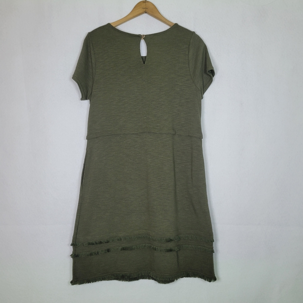 J. Jill Olive Green Slub Knit Short Sleeve Fringe Trim Dress Size Medium Petite - Picture 4 of 8